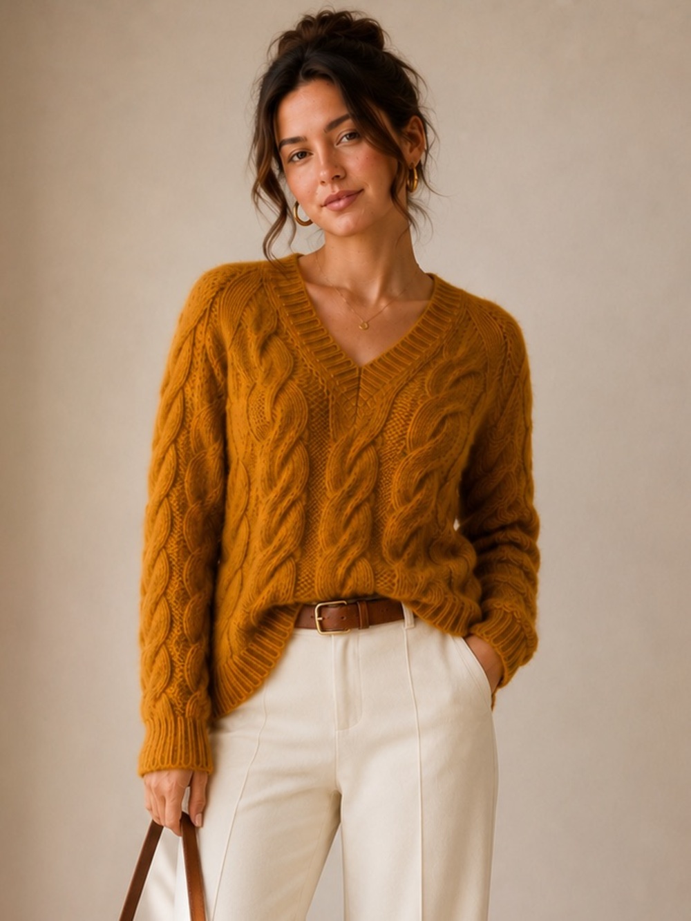 Mansur Gavriel Italian Mohair Blend Cable Knit V-Neck Sweater S caramel